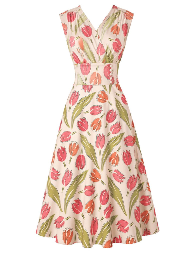 [Prevendita] Abito Rosa Aranciato Anni '50 Tulip Stampa Surplice Scollo Senza Maniche Linea A 2