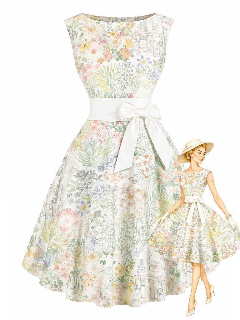 [Prevendita] Abito Giallo Verde Anni '50 Acquerello Floreale con Fiocco Senza Maniche Rockabilly