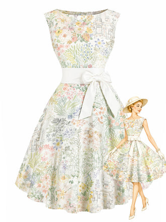 [Prevendita] Abito Giallo Verde Anni '50 Acquerello Floreale con Fiocco Senza Maniche Rockabilly