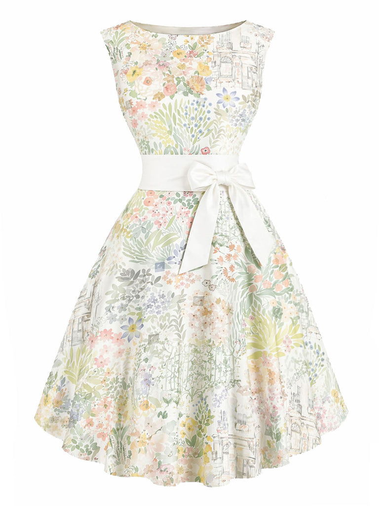 [Prevendita] Abito Giallo Verde Anni '50 Acquerello Floreale con Fiocco Senza Maniche Rockabilly 2