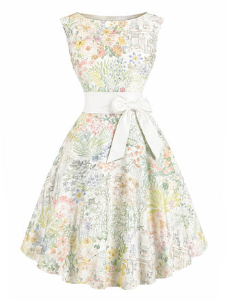 [Prevendita] Abito Giallo Verde Anni '50 Acquerello Floreale con Fiocco Senza Maniche Rockabilly 2