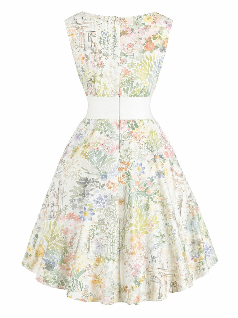 [Prevendita] Abito Giallo Verde Anni '50 Acquerello Floreale con Fiocco Senza Maniche Rockabilly 3