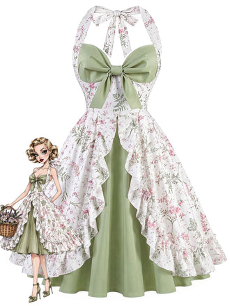 [Prevendita] Abito Gray Green Anni '50 Floreale con Volant con Scollo all'Americana Patchwork