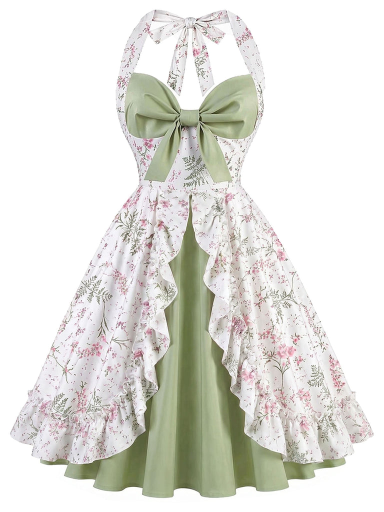[Prevendita] Abito Gray Green Anni '50 Floreale con Volant con Scollo all'Americana Patchwork 2