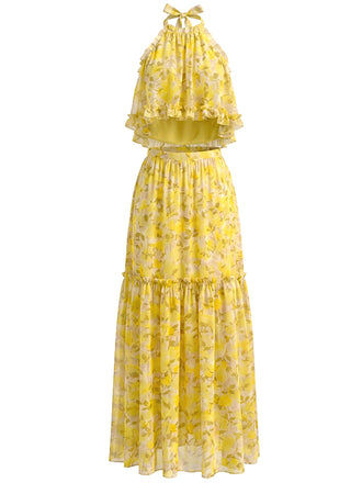 [Prevendita] 2PCS Top in Chiffon Floreale con Ruches e Gonna a Balze Anni '80 2