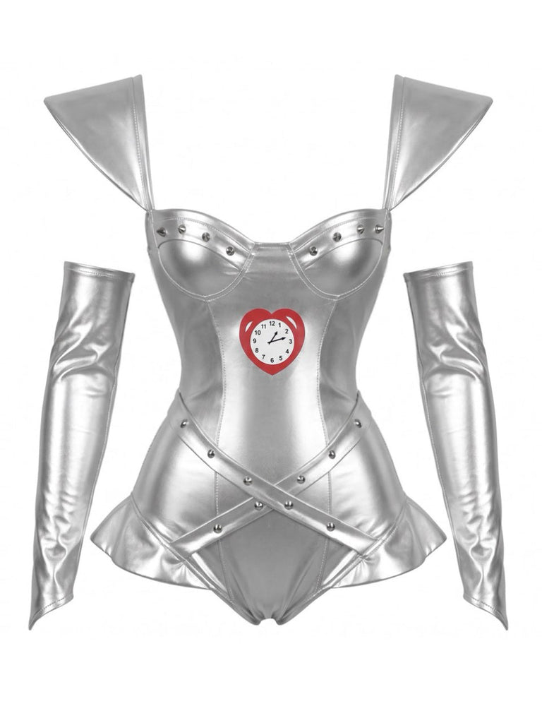 Completo Body Argento Anni '70 Metallizzato con Orologio a Cuore Borchie e Corsetto