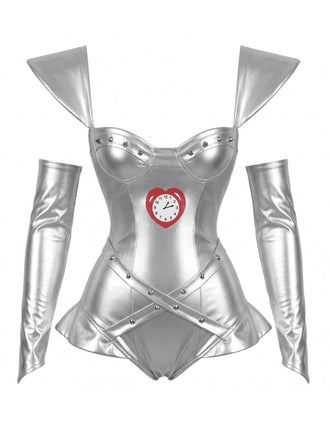 Completo Body Argento Anni '70 Metallizzato con Orologio a Cuore Borchie e Corsetto