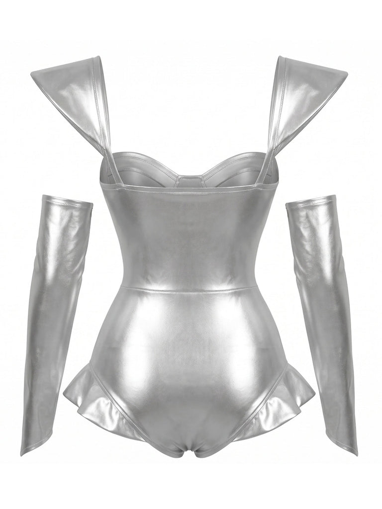 Completo Body Argento Anni '70 Metallizzato con Orologio a Cuore Borchie e Corsetto 2