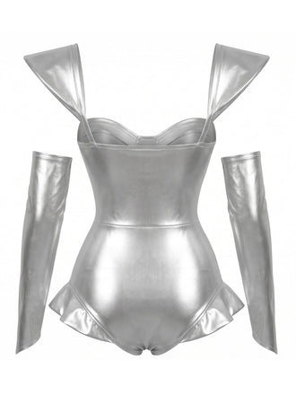 Completo Body Argento Anni '70 Metallizzato con Orologio a Cuore Borchie e Corsetto 2