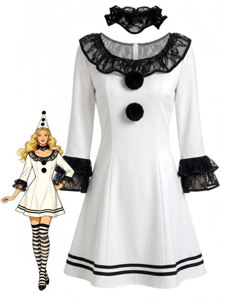 4PCS Abito Black White Anni '60 Pierrot Clown in Pizzo con Volant Cosplay