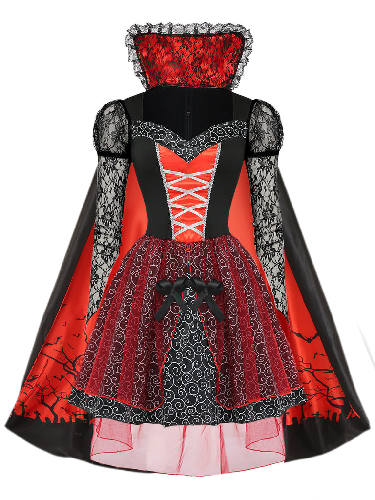 2PCS Abito Rosso Anni '50 Festa Horror in Pizzo Rete Patchwork con Mantella