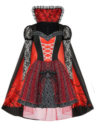 2PCS Abito Rosso Anni '50 Festa Horror in Pizzo Rete Patchwork con Mantella