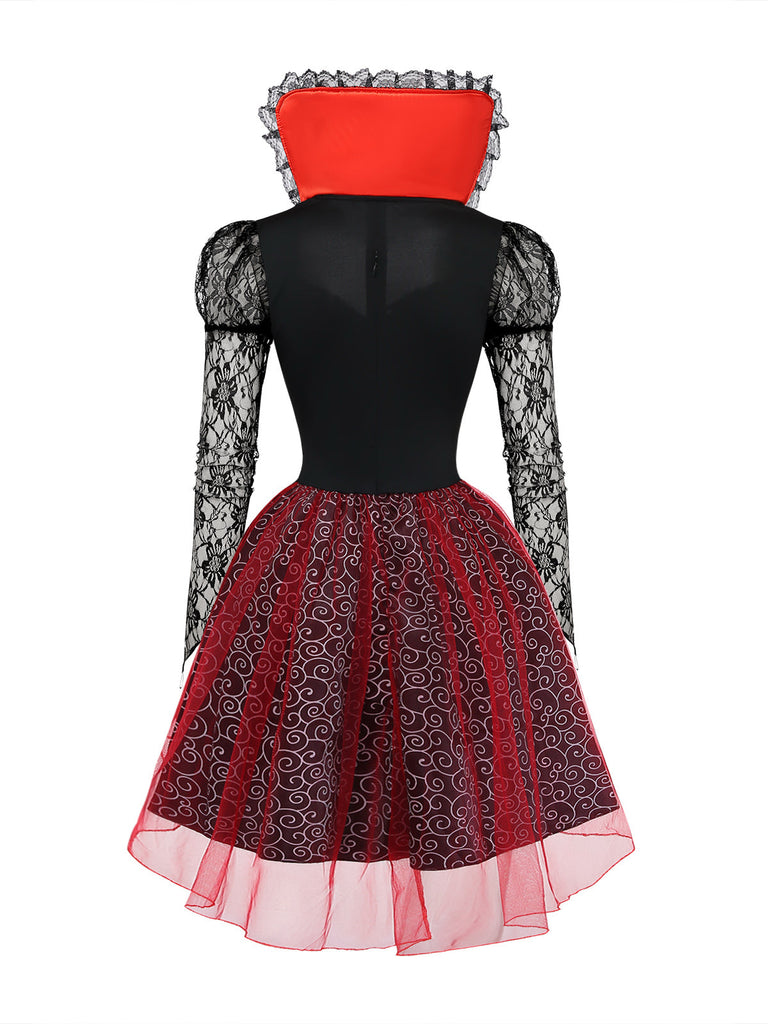2PCS Abito Rosso Anni '50 Festa Horror in Pizzo Rete Patchwork con Mantella 2