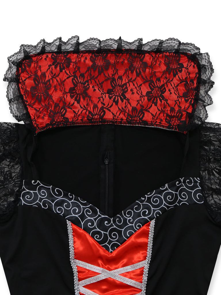 2PCS Abito Rosso Anni '50 Festa Horror in Pizzo Rete Patchwork con Mantella 5