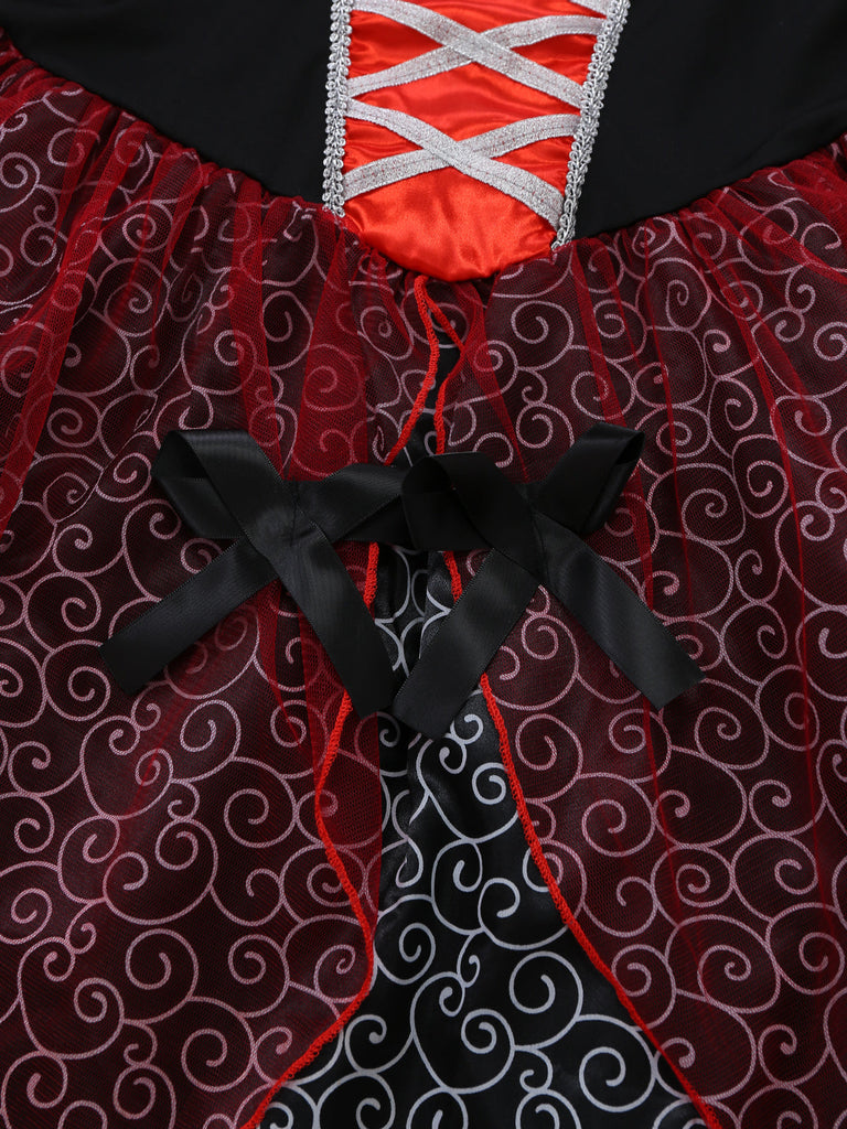 2PCS Abito Rosso Anni '50 Festa Horror in Pizzo Rete Patchwork con Mantella 7