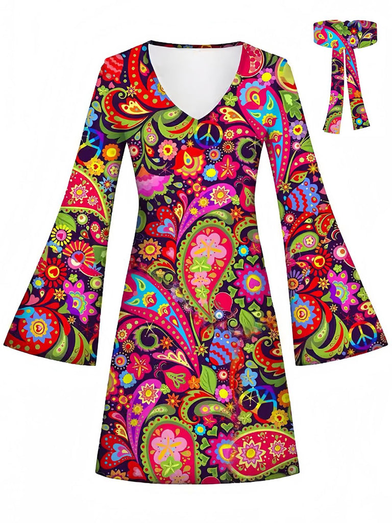 Miniabito Multicolore Anni '60 Hippie Psichedelico Paisley Maniche a Campana