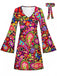Miniabito Multicolore Anni '60 Hippie Psichedelico Paisley Maniche a Campana