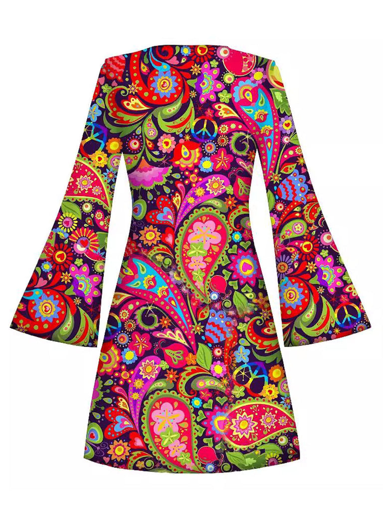 Miniabito Multicolore Anni '60 Hippie Psichedelico Paisley Maniche a Campana 2