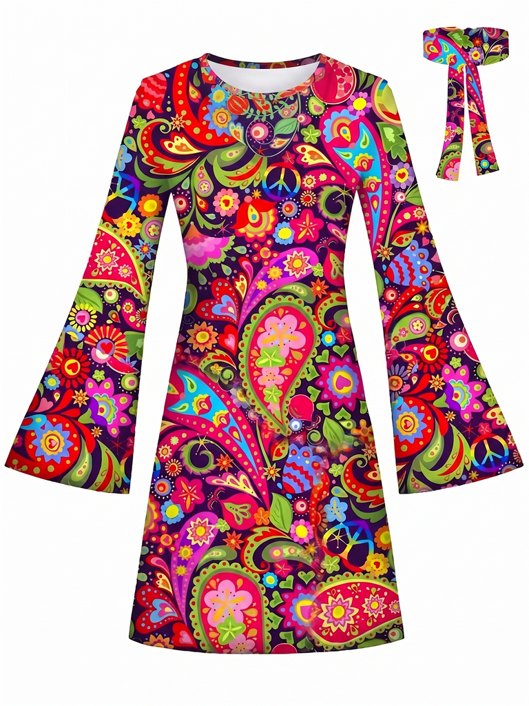 [Prevendita] Miniabito Multicolore Anni '60 Hippie Psichedelico Paisley con Maniche a Campana