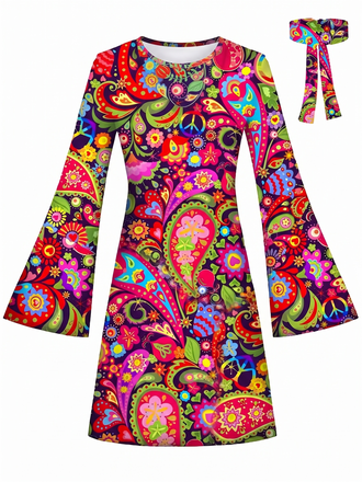 [Prevendita] Miniabito Multicolore Anni '60 Hippie Psichedelico Paisley con Maniche a Campana
