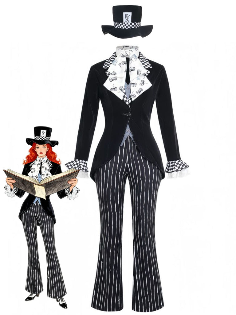 5PCS Completo Costume Nero Anni '40 Festa Horror a Righe Svasato per Travestimento