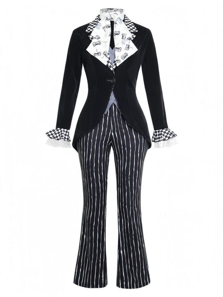 5PCS Completo Costume Nero Anni '40 Festa Horror a Righe Svasato per Travestimento 4