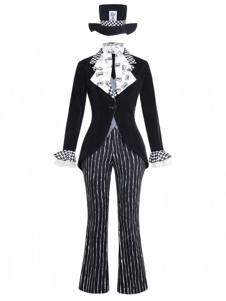 5PCS Completo Costume Nero Anni '40 Festa Horror a Righe Svasato per Travestimento 3