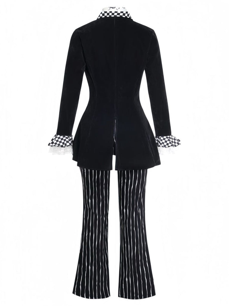 5PCS Completo Costume Nero Anni '40 Festa Horror a Righe Svasato per Travestimento 5