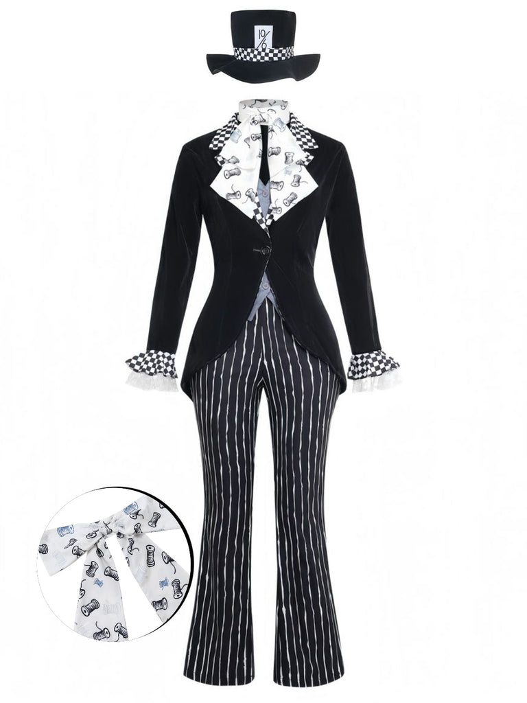 5PCS Completo Costume Nero Anni '40 Festa Horror a Righe Svasato per Travestimento 2