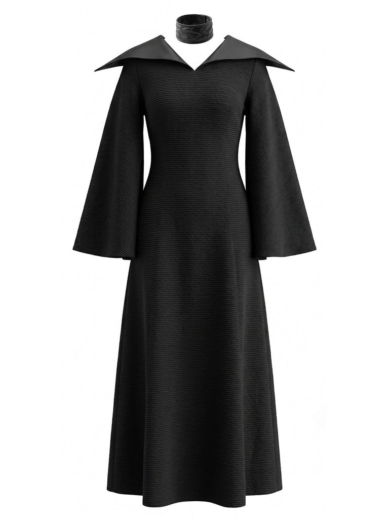Abito Nero Anni '30 Gotico Strega Wing Collar Maniche a Campana Costume 2