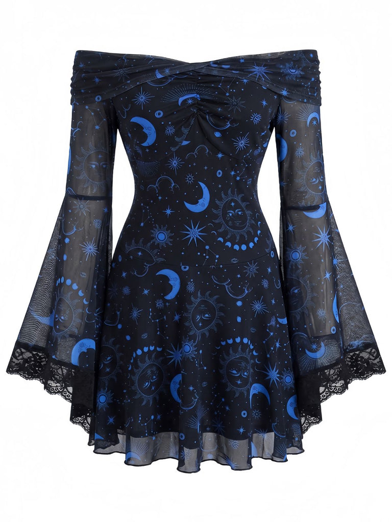 Abito Blu Anni '70 Celestial Print Spalle Scoperte in Pizzo Gotico