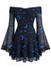 Abito Blu Anni '70 Celestial Print Spalle Scoperte in Pizzo Gotico