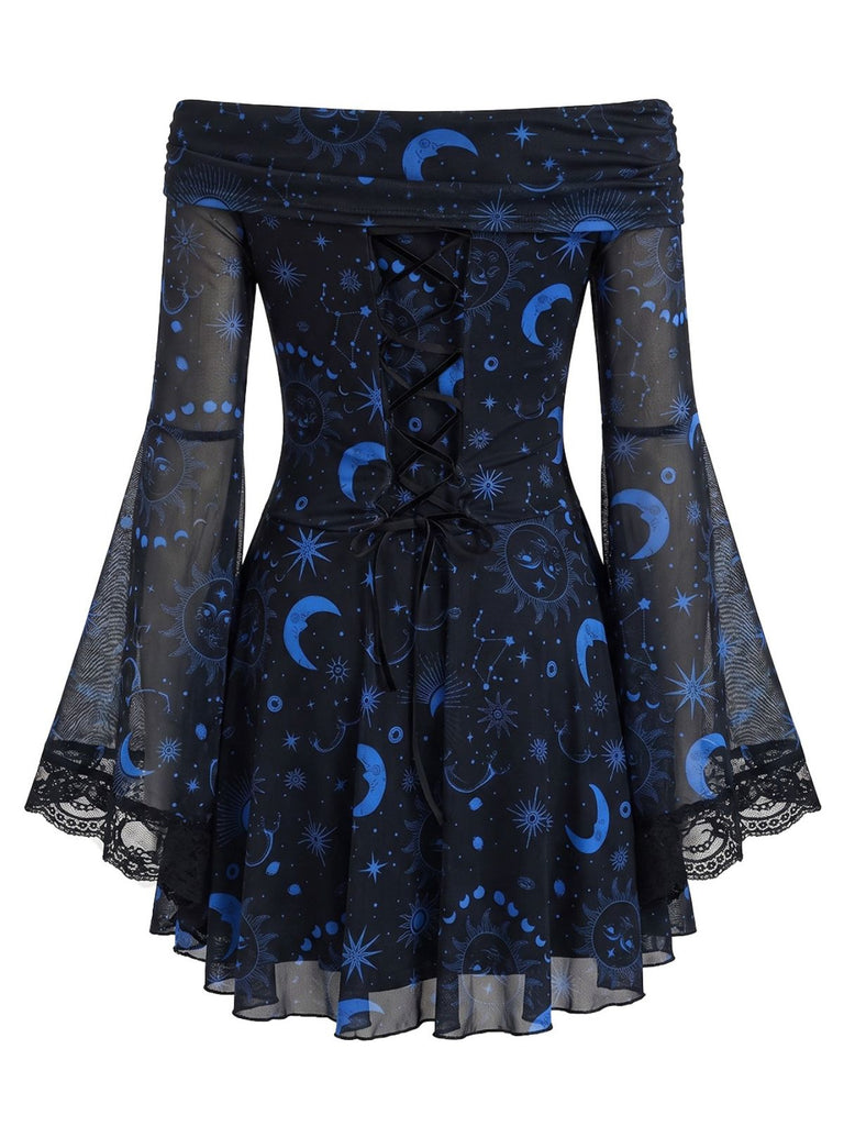 Abito Blu Anni '70 Celestial Print Spalle Scoperte in Pizzo Gotico 2