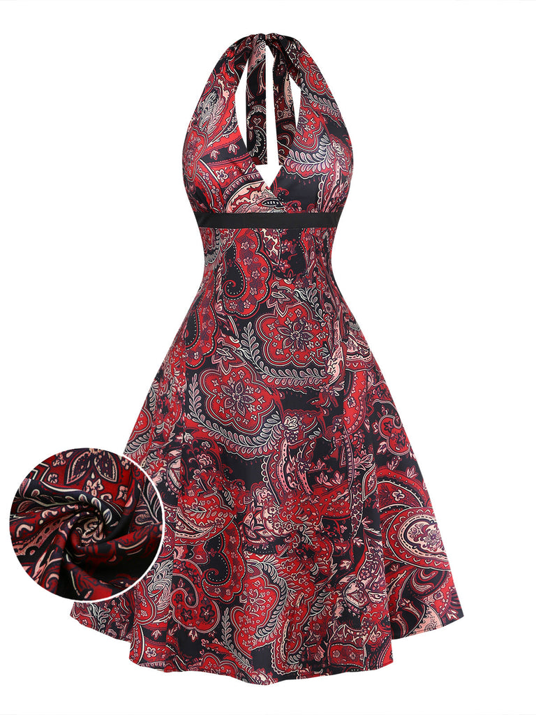 Abito Rosso Linea A Paisley Allacciatura al Collo Anni '70
