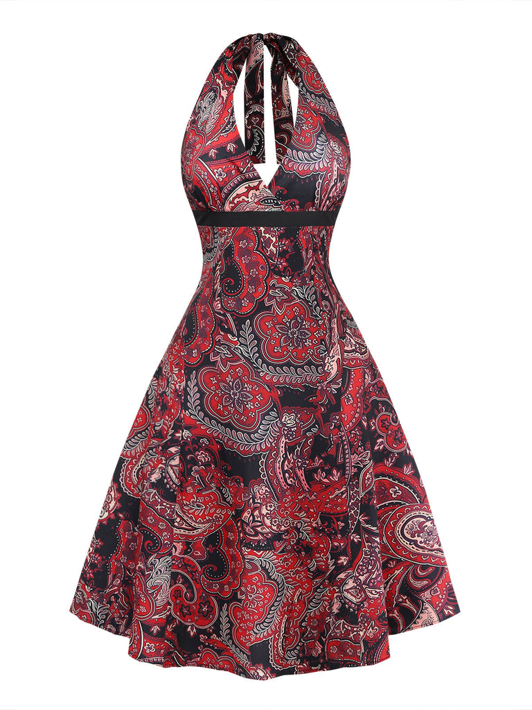 Abito Rosso Linea A Paisley Allacciatura al Collo Anni '70 2