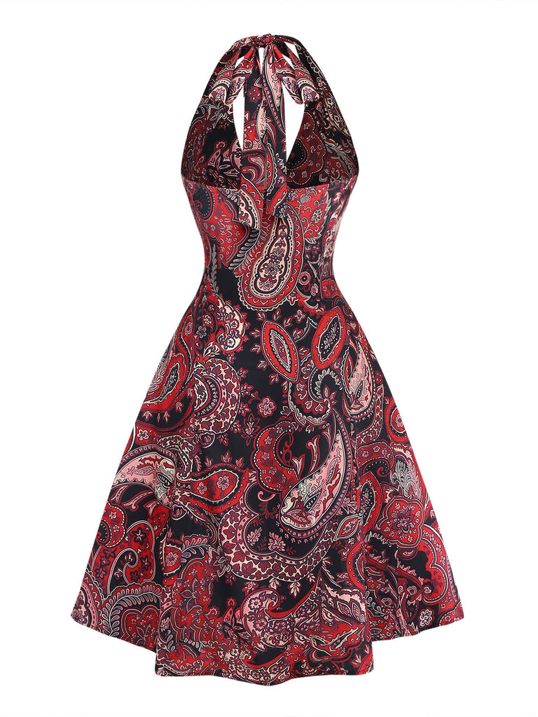 Abito Rosso Linea A Paisley Allacciatura al Collo Anni '70 3