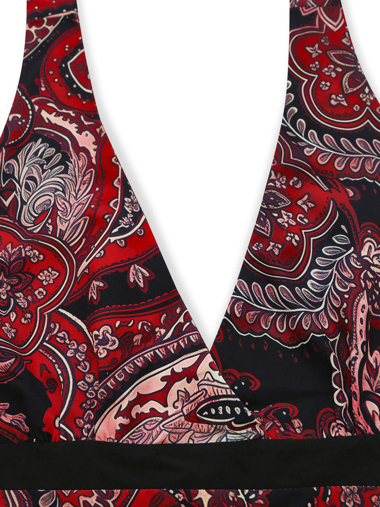 Abito Rosso Linea A Paisley Allacciatura al Collo Anni '70 4