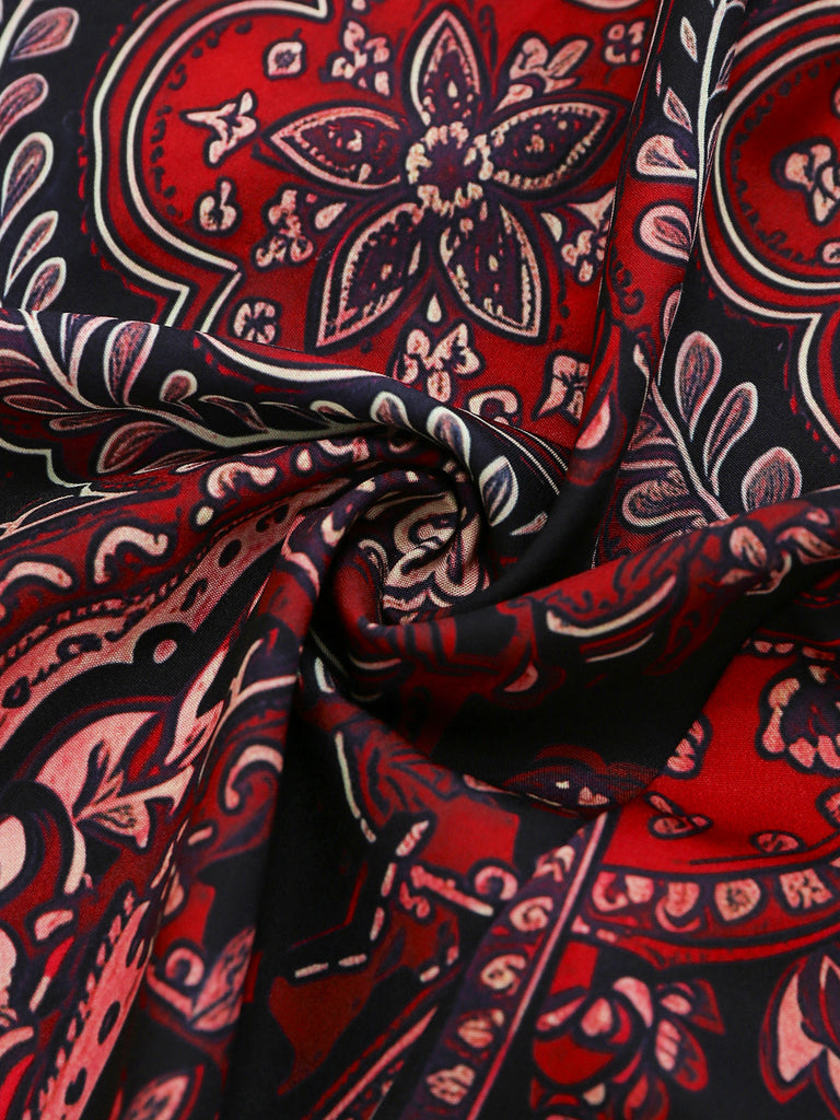 Abito Rosso Linea A Paisley Allacciatura al Collo Anni '70 5