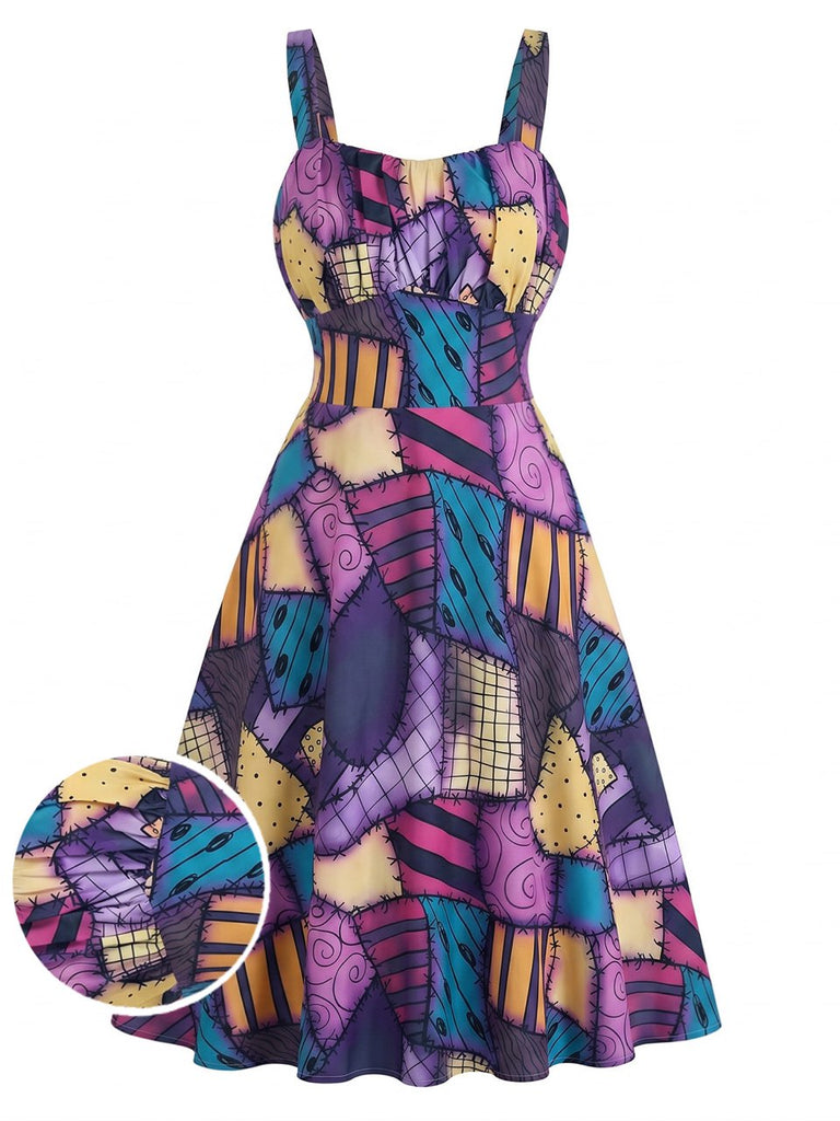 Abito Viola Anni '50 Patchwork Gotico Halloween Linea A