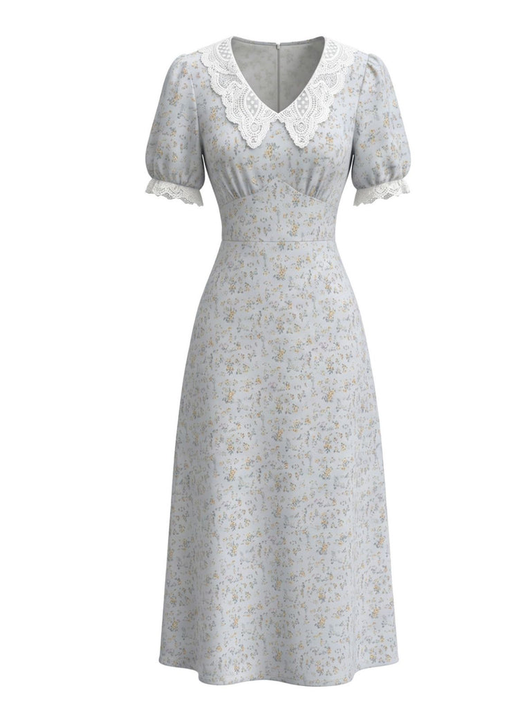 Abito Azzurro Baby Anni '30 Floreale a Fiorellini Scollo a V in Pizzo Patchwork 2