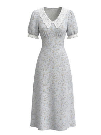 Abito Azzurro Baby Anni '30 Floreale a Fiorellini Scollo a V in Pizzo Patchwork 2