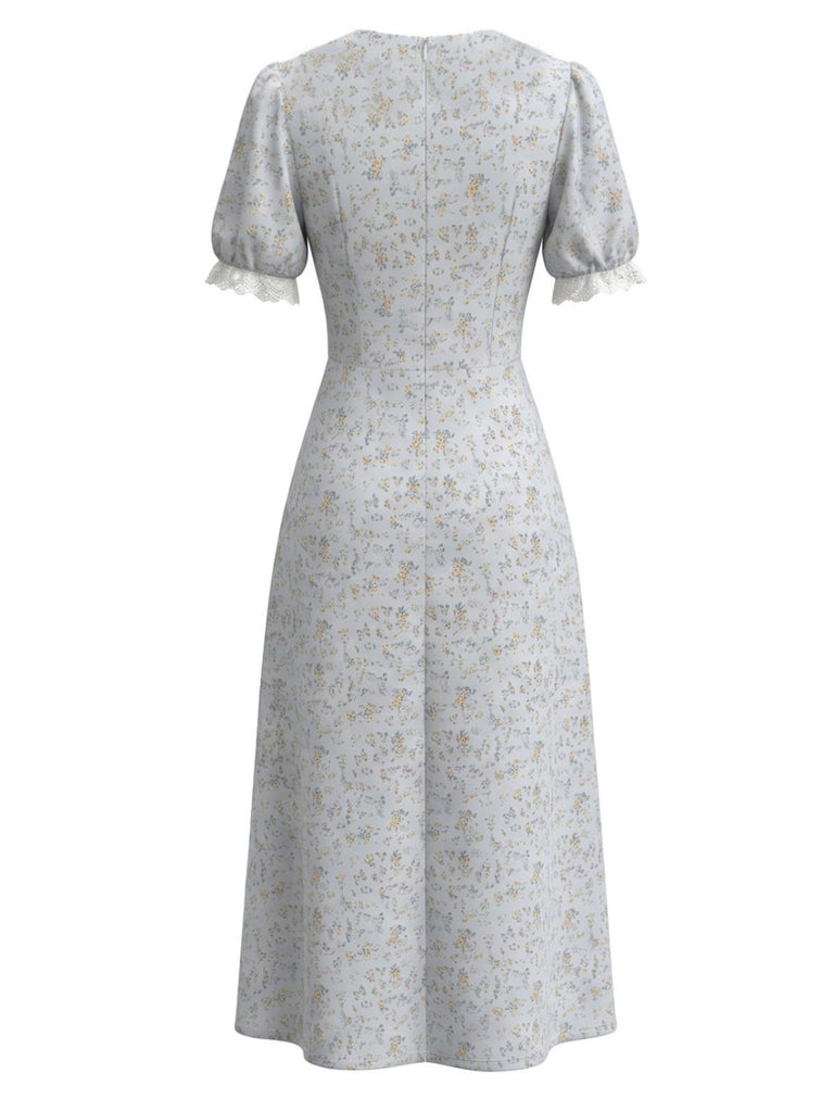 Abito Azzurro Baby Anni '30 Floreale a Fiorellini Scollo a V in Pizzo Patchwork 3