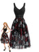 Abito Nero Anni '70 Rose Teschio in Tulle Gotico di Halloween