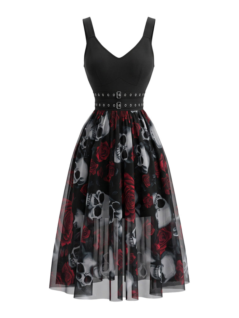Abito Nero Anni '70 Rose Teschio in Tulle Gotico di Halloween 2