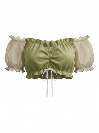 Top Giallo Verde Anni '50 Volant Trasparente Maniche a Sbuffo Corto