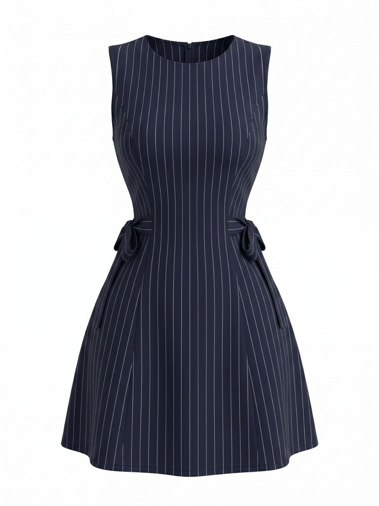 Abito Senza Maniche a Linea A Blu Navy a Righe con Cintura in Vita Anni '60