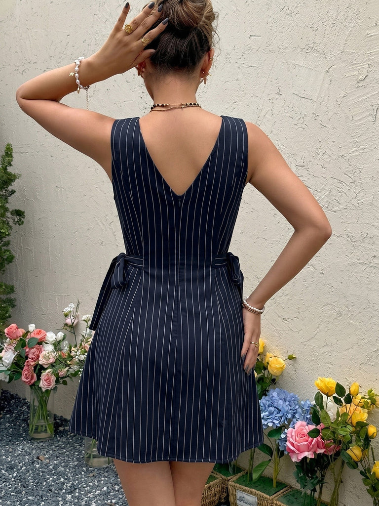 Abito Senza Maniche a Linea A Blu Navy a Righe con Cintura in Vita Anni '60 6