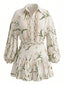 2PCS Top Albicocca Anni '60 Floreale a Sbuffo con Revers in Lino e Gonna