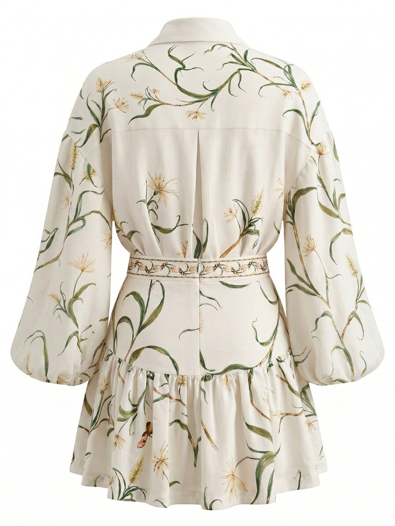2PCS Gonna Apricot Anni '60 Linen Floreale con Revers Puff Top e 2