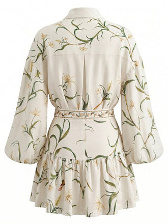 2PCS Gonna Apricot Anni '60 Linen Floreale con Revers Puff Top e 2